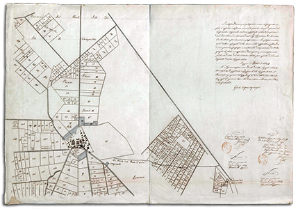 Piante topografiche e verifiche de' terreni del Tavoliere esistenti ne' reali siti accompagnato da un progetto di revisione di canoni proposto dal commissario civile del re per gli affari del Tavoliere - 1829-30 - Archivio di Stato di Foggia